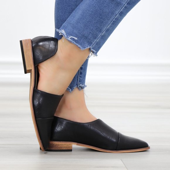 Shoes - Black Opened Side Pointy Slip On Flat Loafer